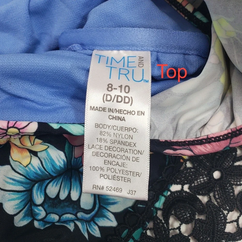 Time and Tru Womens Floral Lace Ruffle‎ Bikini Set L 12-14 Multi Color